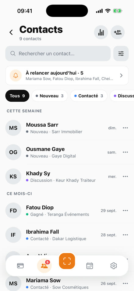 Application SamaCarte : carnet de contacts et relances du jour