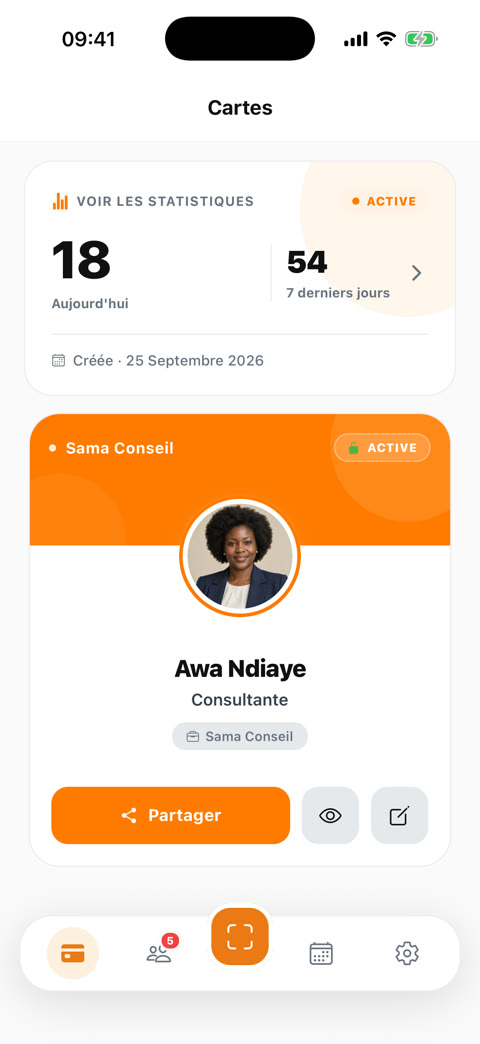 Application SamaCarte : carte de visite digitale d’Awa Ndiaye, consultante chez Sama Conseil, avec ses statistiques de scans